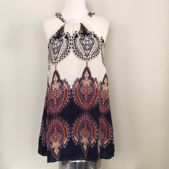 Hippie Boho Beach Dress Blue White Mini - Picture 2 of 4